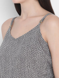 Porsorte Womens Spagetti Straps Poly Crepe Grey Printed Cullotes Jumpsuit