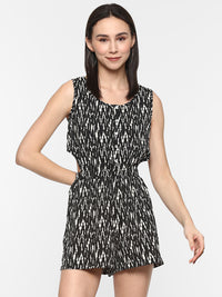 Porsorte Women Sleeveless Blackwhite Printed Polyester Crepe Playsuit
