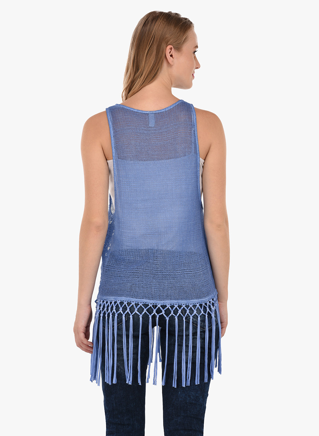 Porsorte Women's Blue Crochet Net Sleeveless Top with Fringe