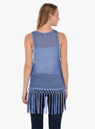 Porsorte Women's Blue Crochet Net Sleeveless Top with Fringe