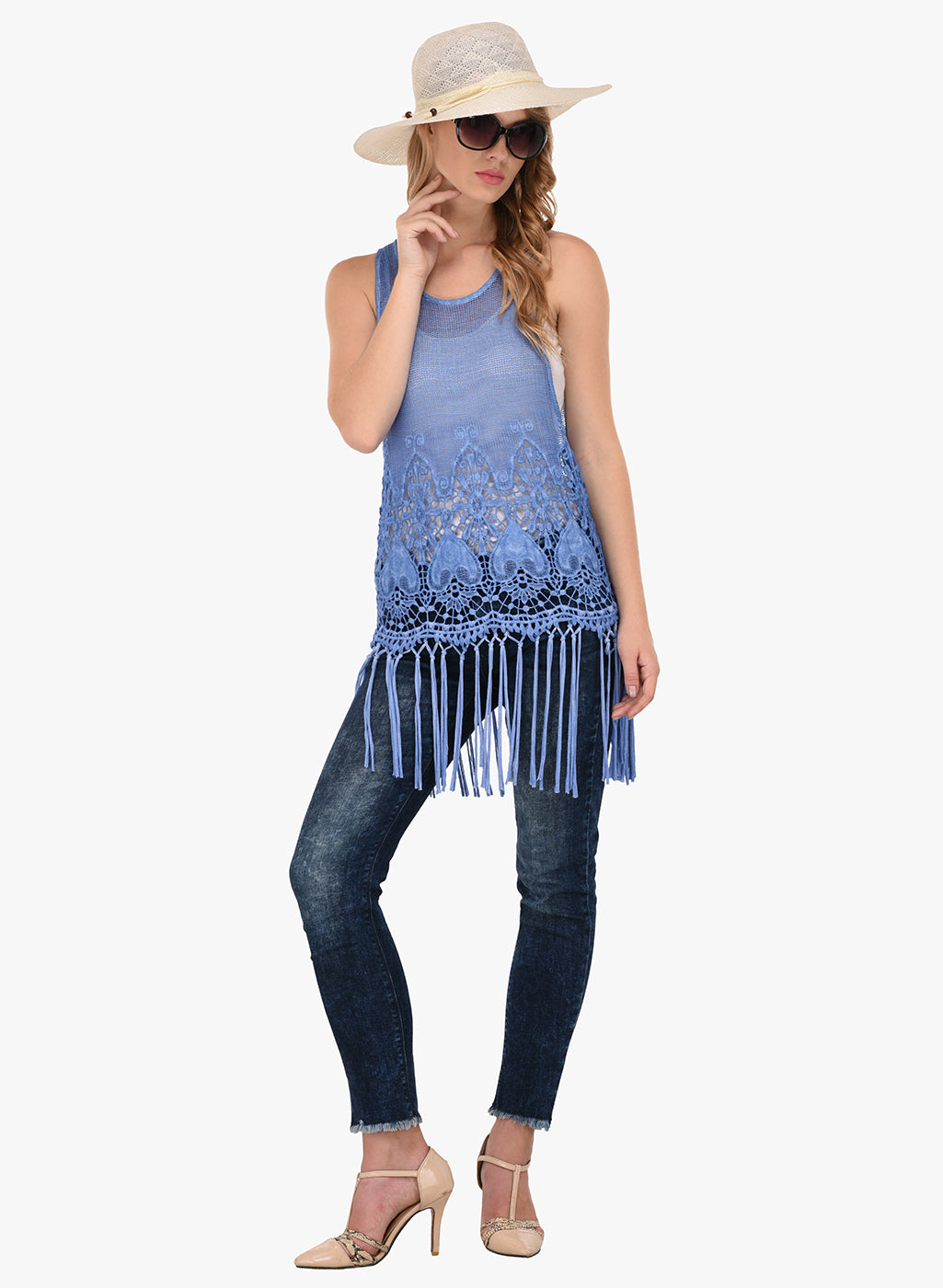 Porsorte Women's Blue Crochet Net Sleeveless Top with Fringe