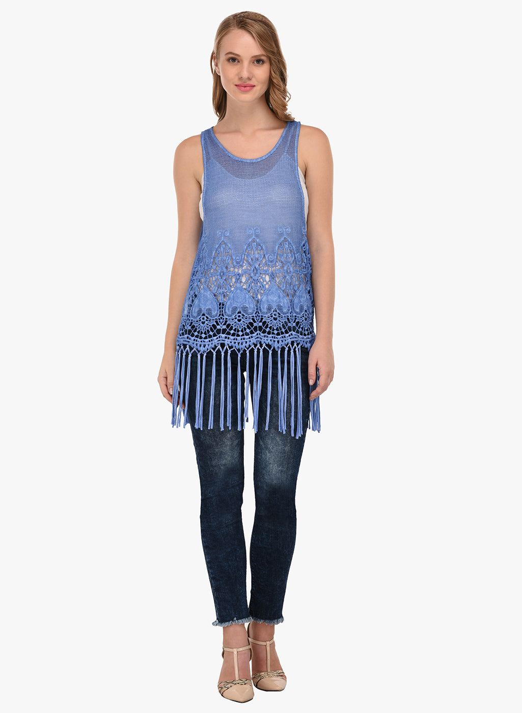 Porsorte Women's Blue Crochet Net Sleeveless Top with Fringe
