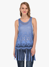 Porsorte Women's Blue Crochet Net Sleeveless Top with Fringe