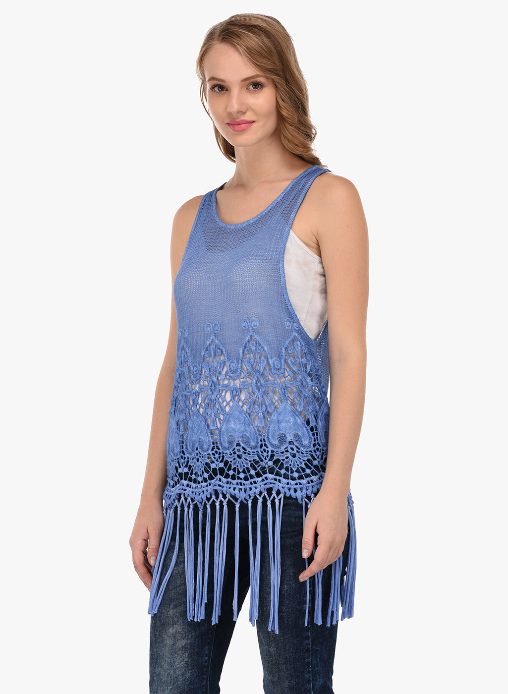Porsorte Women's Blue Crochet Net Sleeveless Top with Fringe