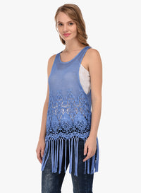 Porsorte Women's Blue Crochet Net Sleeveless Top with Fringe