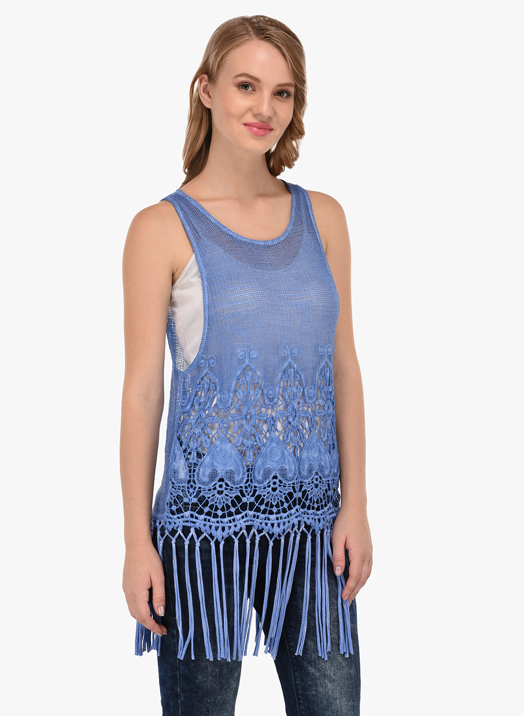 Porsorte Women's Blue Crochet Net Sleeveless Top with Fringe