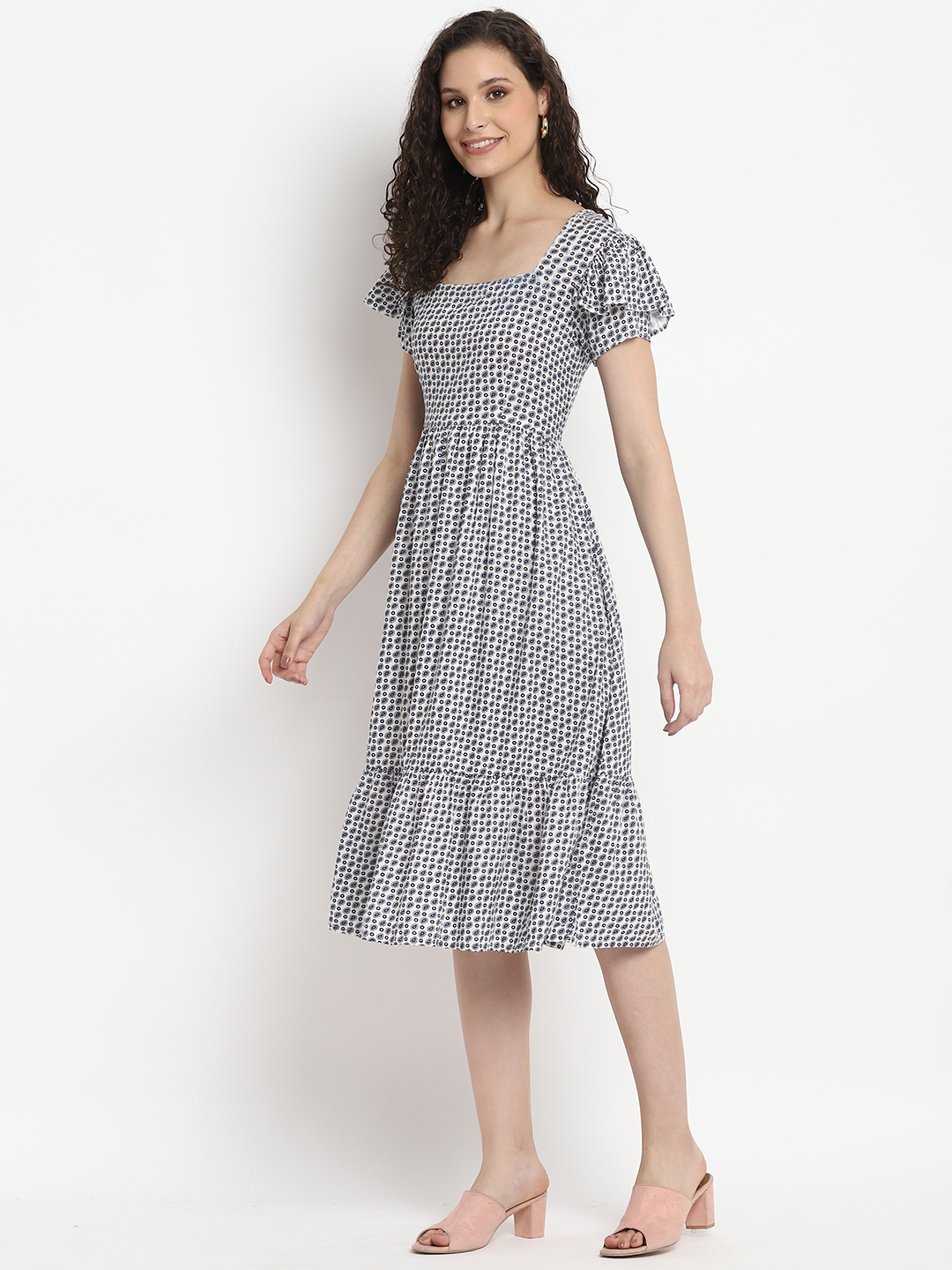 Porsorte Womens Ditsy Print White Blue Knee length Flap Sleeve Dress