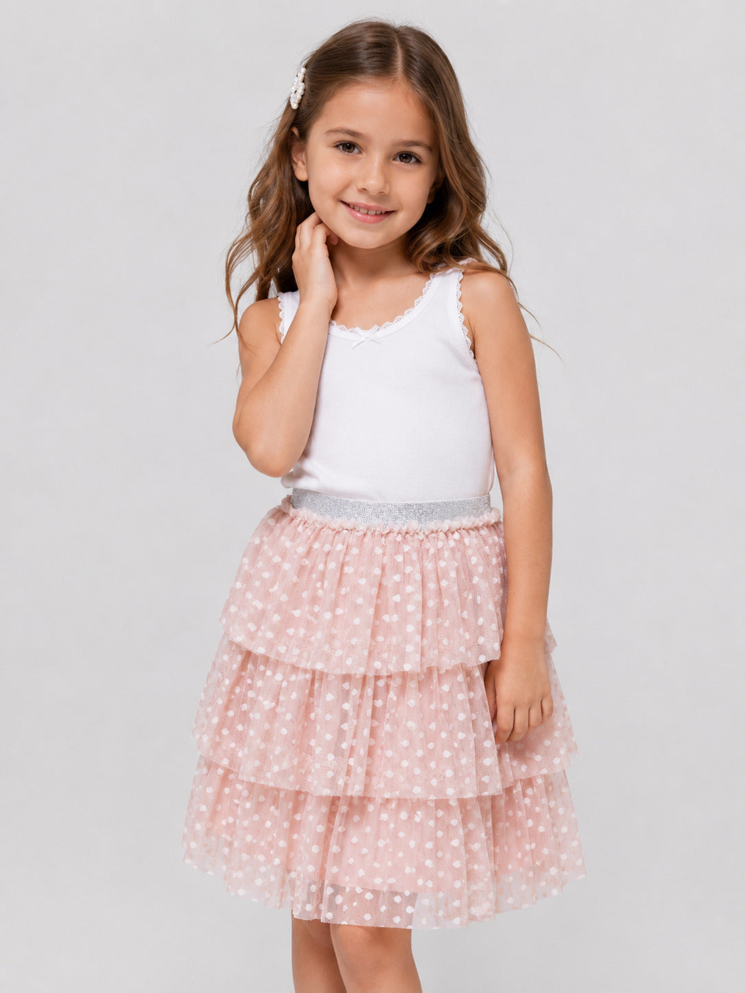 Hoop Hippo Peach Gold Polka Dot Cotton Voile Lace Layered Skirt