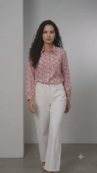 Porsorte Womens Crepe Red Offwhite Printed Button Down Shirt