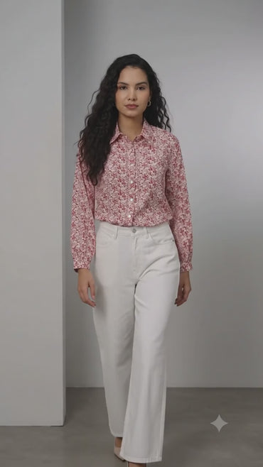 Porsorte Womens Crepe Red Offwhite Printed Button Down Shirt