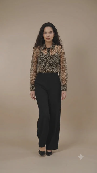Porsorte Womens Organza Cheetah Print Button Down Shirt (No Inner)