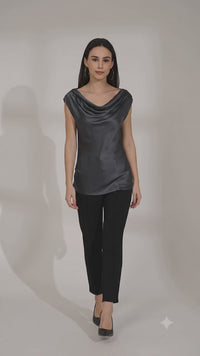 Porsorte Grey Satin Cowl Neck Top — Effortless Party Glam