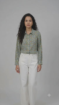 Porsorte Womens Cotton Green Printed Button Down Shirt