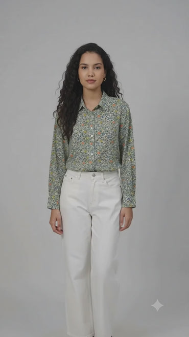 Porsorte Womens Cotton Green Printed Button Down Shirt
