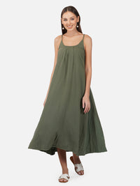 Porsorte Womens Cotton Gauze Olive Green Casual Strappy Dress