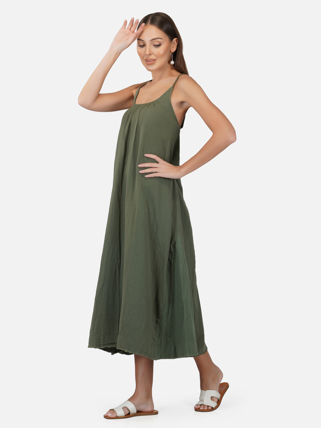 Porsorte Womens Cotton Gauze Olive Green Casual Strappy Dress