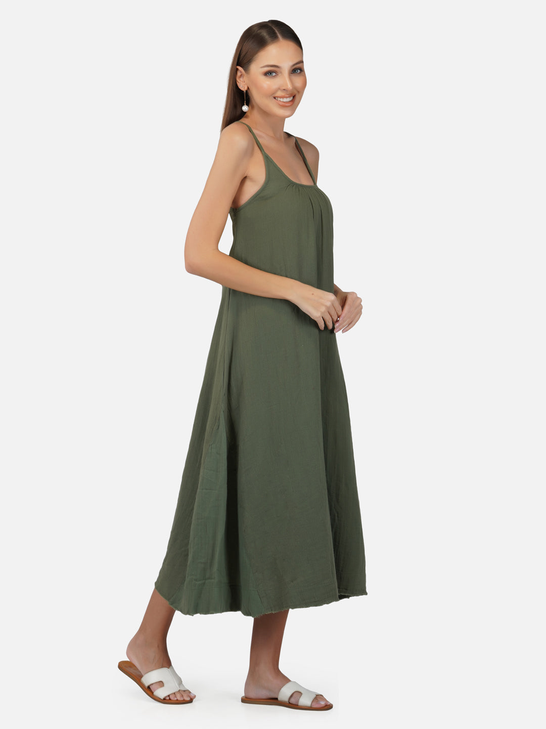 Porsorte Womens Cotton Gauze Olive Green Casual Strappy Dress