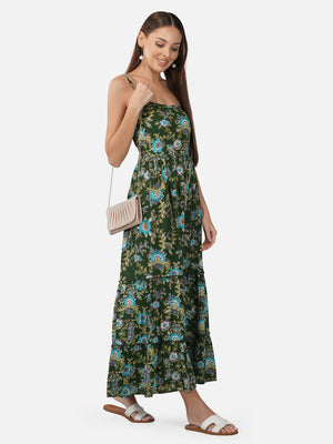 Porsorte Womens Rayon Tropical Green Printed Long Strappy Casual Dress