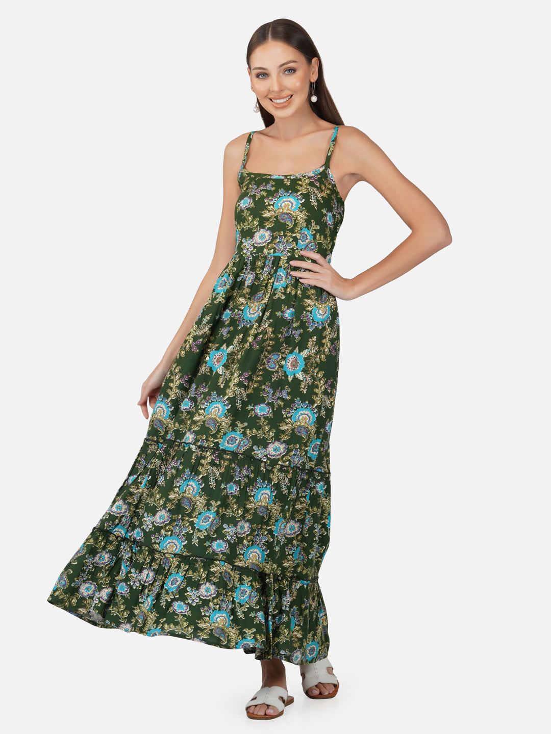 Porsorte Womens Rayon Tropical Green Printed Long Strappy Casual Dress