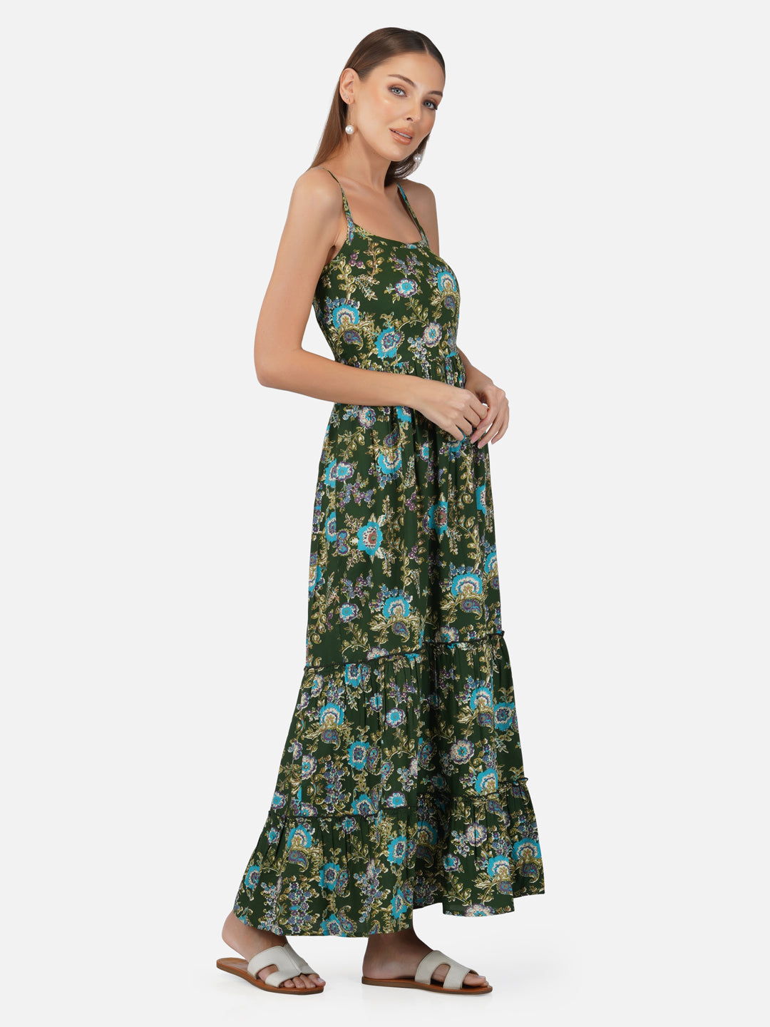 Porsorte Womens Rayon Tropical Green Printed Long Strappy Casual Dress