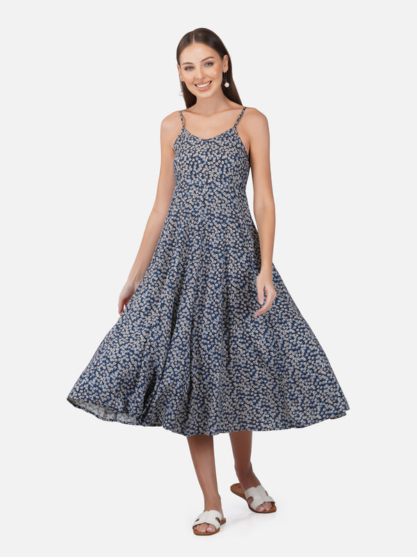 Porsorte Womens Rayon Blue Ditsy Print Long Strappy Casual Dress