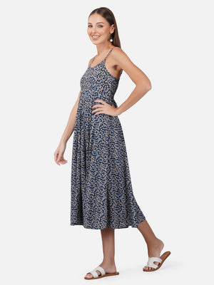 Porsorte Womens Rayon Blue Ditsy Print Long Strappy Casual Dress