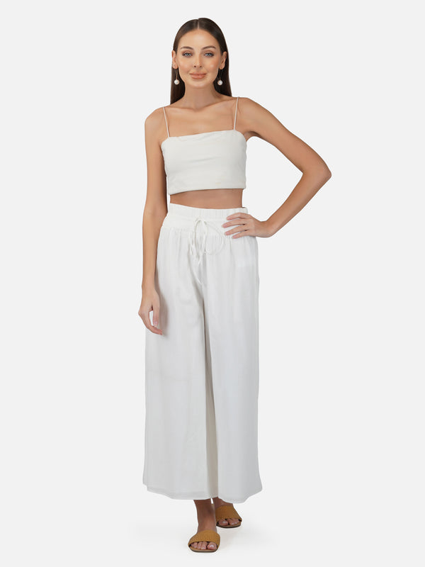 Porsorte Womens Cotton Voile Offwhite Flarred Casual Pant