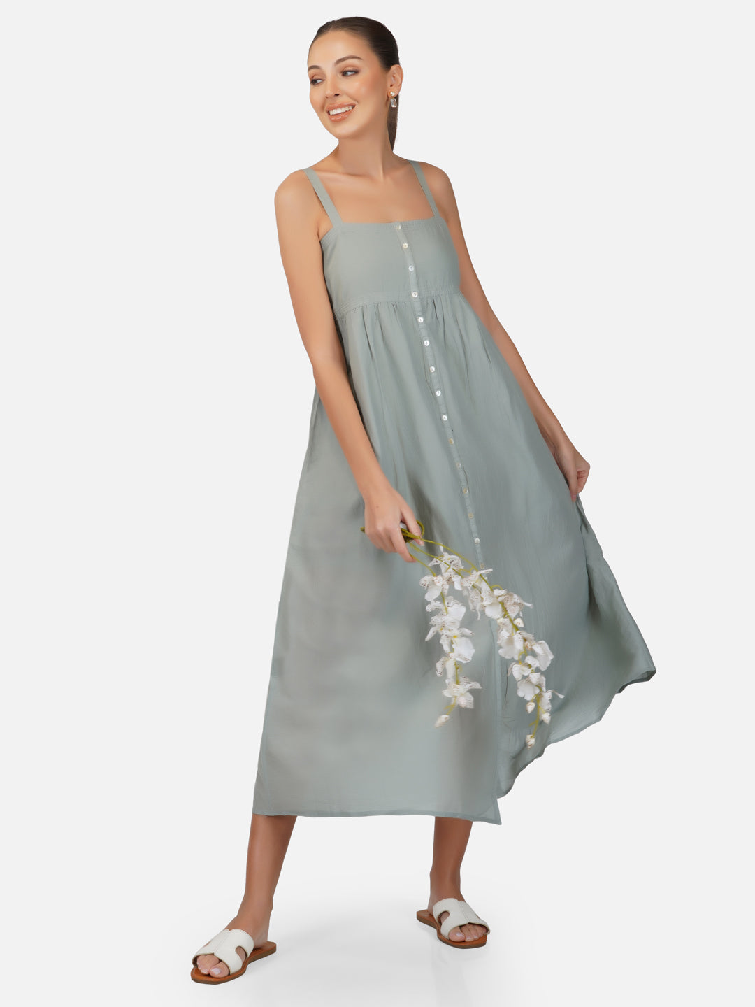 Porsorte Womens Cotton Voile Grey Casual Button Down Sleeveless Dress