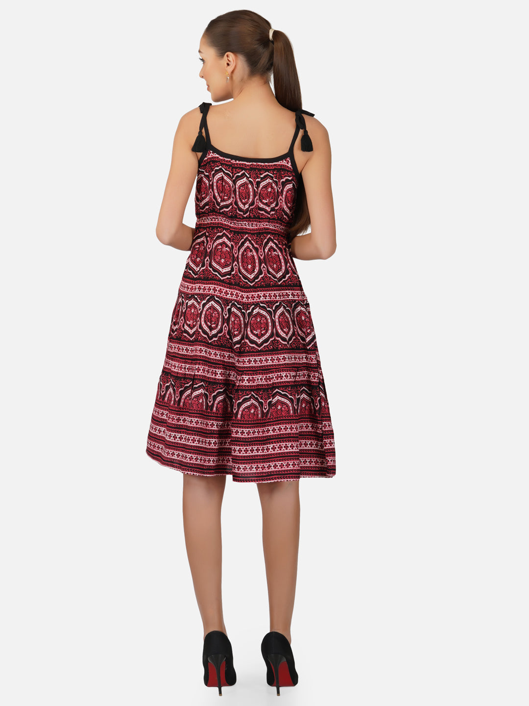 Porsorte Womens Red Rayon Printed Tie Up Strappy Casual Dress