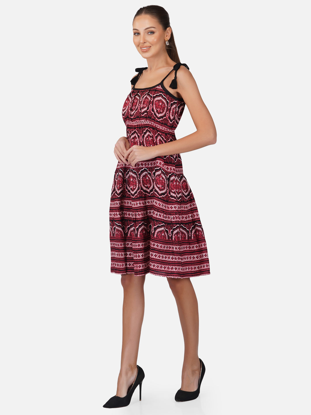 Porsorte Womens Red Rayon Printed Tie Up Strappy Casual Dress