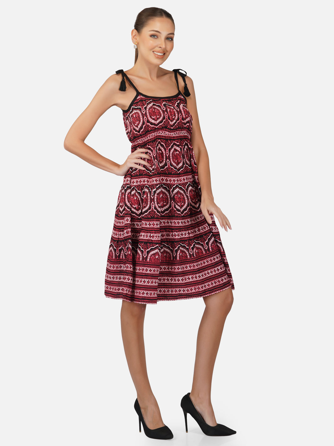 Porsorte Womens Red Rayon Printed Tie Up Strappy Casual Dress