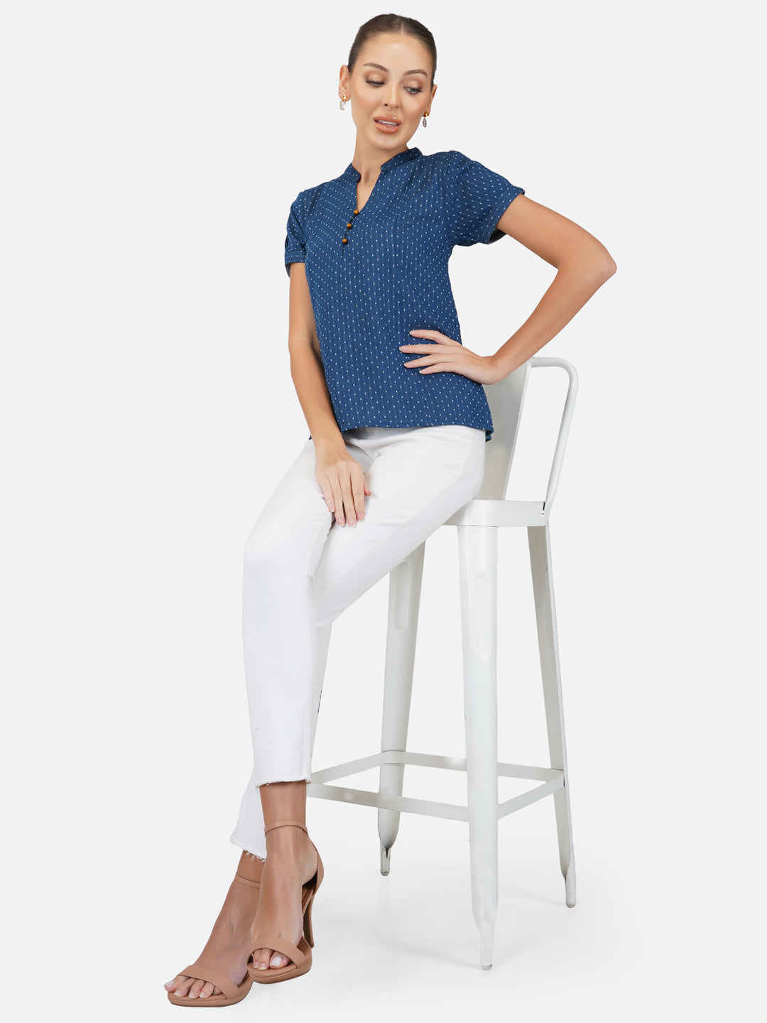 Porsorte Womens Cotton Gauze Blue Dot Print Pan Collared  Shirt Top