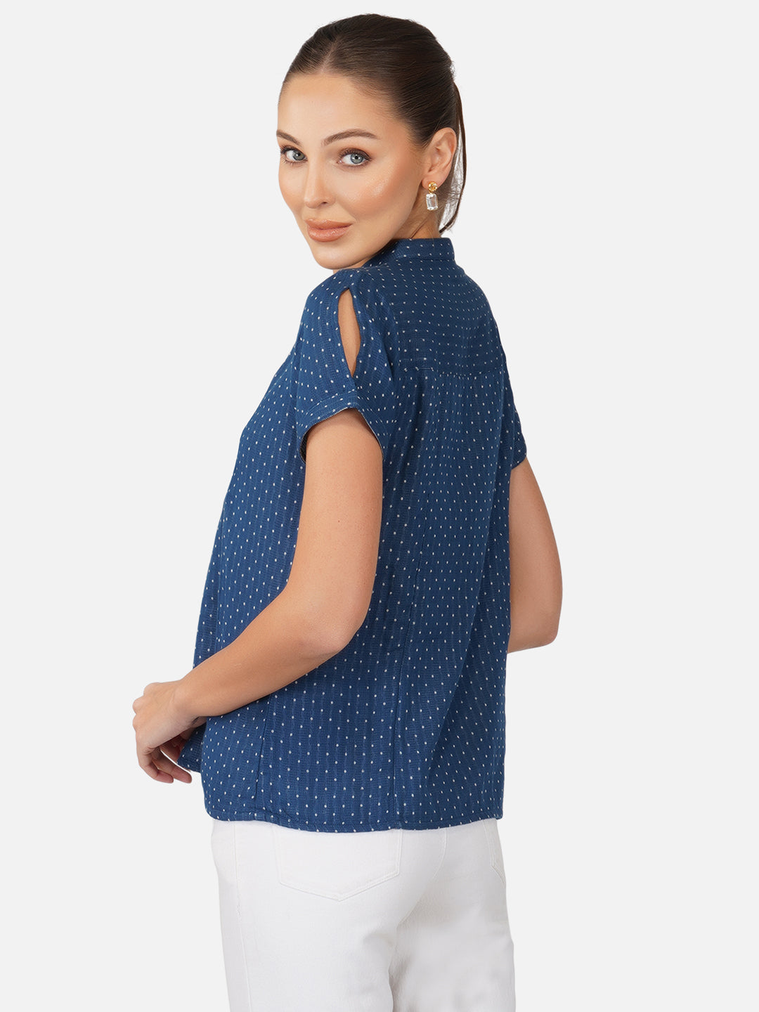 Porsorte Womens Cotton Gauze Blue Dot Print Pan Collared  Shirt Top