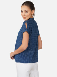 Porsorte Womens Cotton Gauze Blue Dot Print Pan Collared  Shirt Top