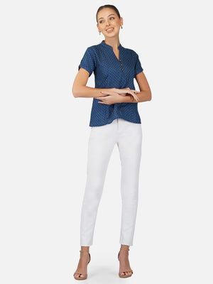 Porsorte Womens Cotton Gauze Blue Dot Print Pan Collared  Shirt Top