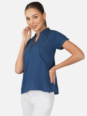 Porsorte Womens Cotton Gauze Blue Dot Print Pan Collared  Shirt Top