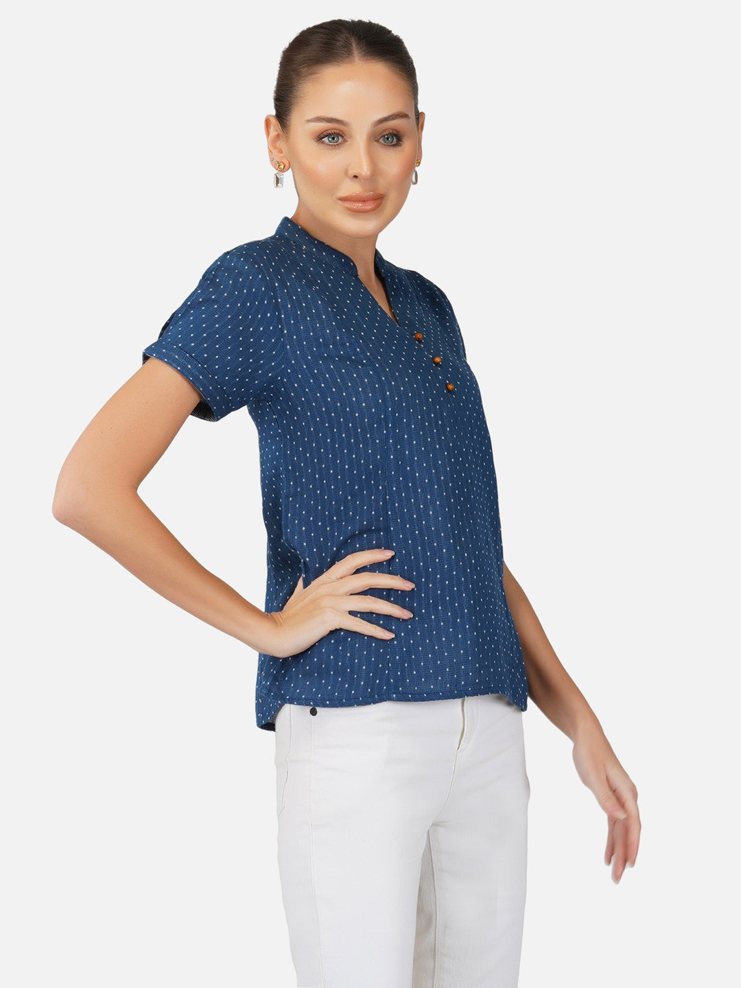 Porsorte Womens Cotton Gauze Blue Dot Print Pan Collared  Shirt Top