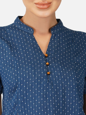 Porsorte Womens Cotton Gauze Blue Dot Print Pan Collared  Shirt Top