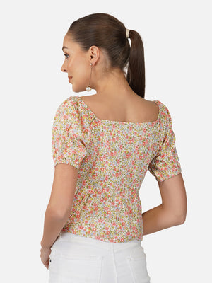 Porsorte Womens Rayon Floral Printed Offwhite  Button Shirt Top