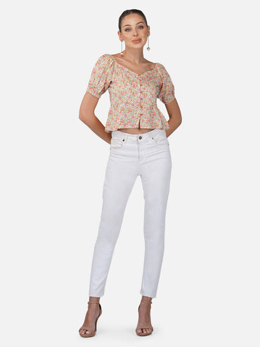 Porsorte Womens Rayon Floral Printed Offwhite  Button Shirt Top