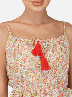 Porsorte Womens Rayon Floral Printed Offwhite Tassel Strappy Sleeveless Top