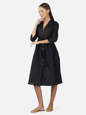 Porsorte Womens Cotton Voile Black Casual Button Down Shirt Dress