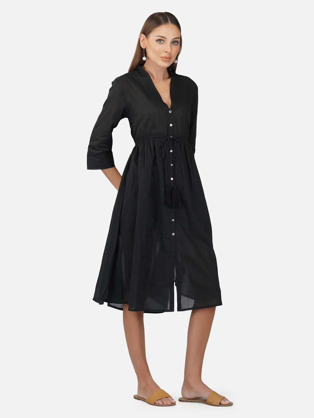 Porsorte Womens Cotton Voile Black Casual Button Down Shirt Dress
