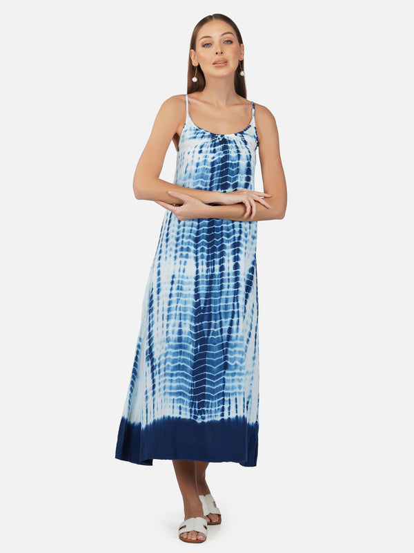 Porsorte Womens Cotton Gauze Blue Tie Dye Casual Strappy Dress