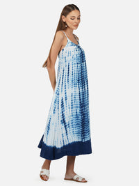 Porsorte Womens Cotton Gauze Blue Tie Dye Casual Strappy Dress