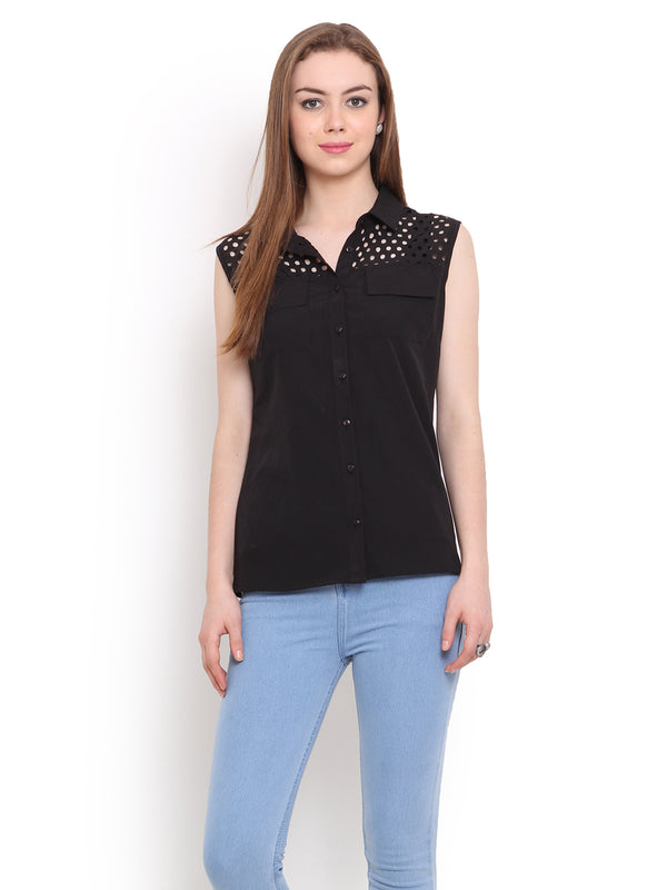 PORSORTE Women's Laser Cut Solid Black Shirt