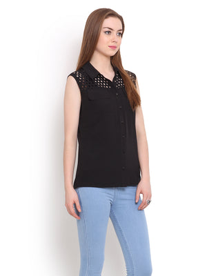 PORSORTE Women's Laser Cut Solid Black Shirt