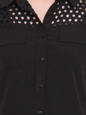 PORSORTE Women's Laser Cut Solid Black Shirt