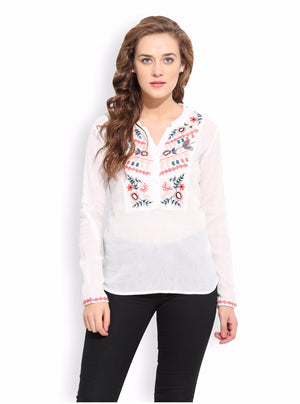 PORSORTE Women's Thread Embroidery White Shirt - www.porsorte.in