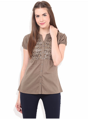 PORSORTE Women's Handwork Sequins Brown Shirt - www.porsorte.in